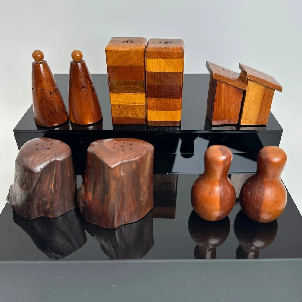 Vintage Salt Pepper Shaker Set Lot of 5 Wood Inlay Souvenir Novelty Rustic Mini